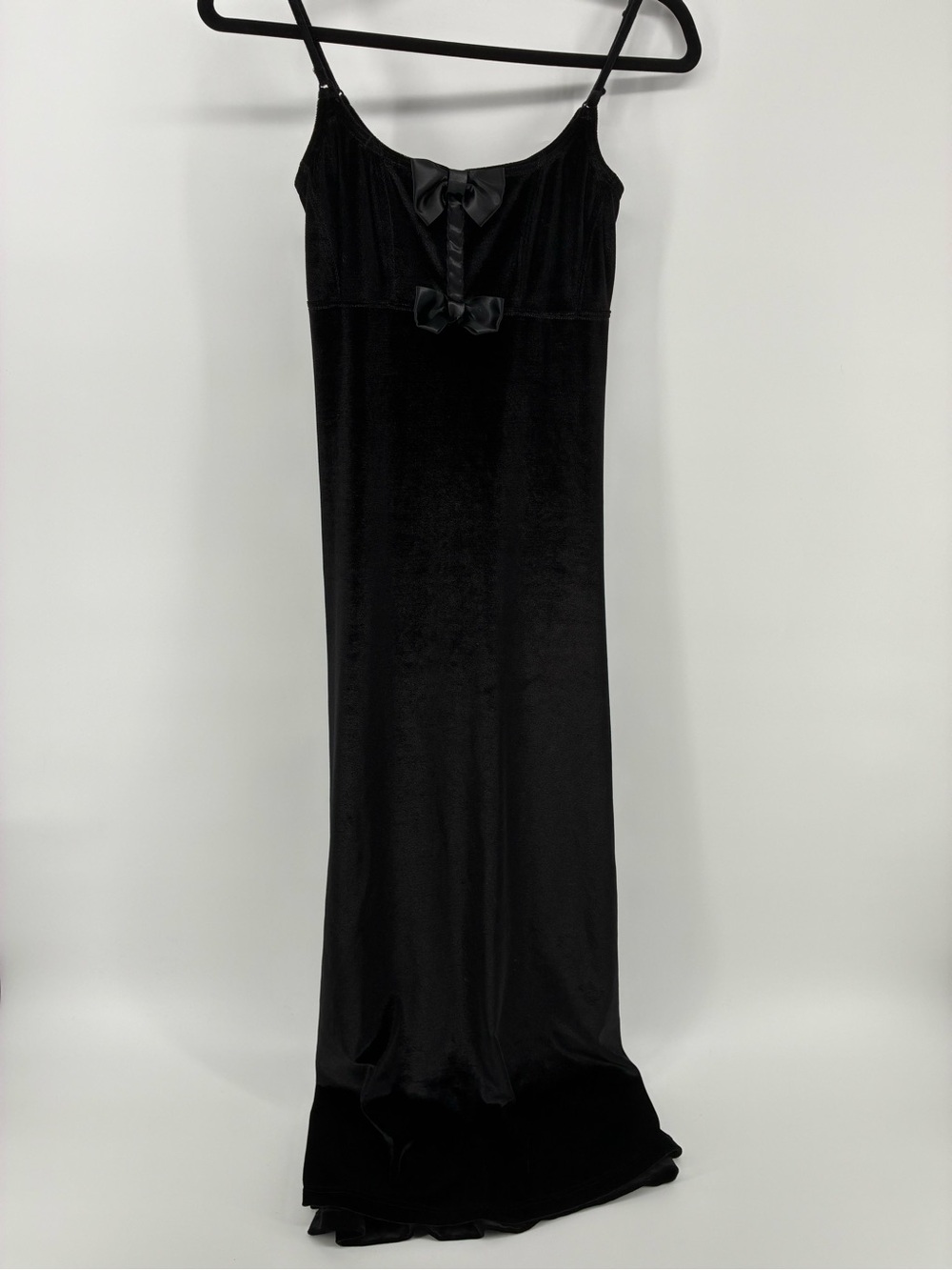 Vintage Silk & Satin Black Velvet Long Slip Dress with Satin Bows